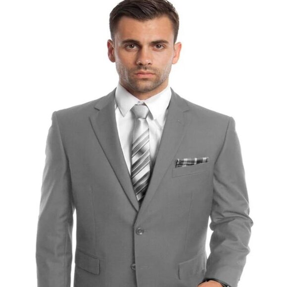 Light Grey Suit - Silver Gray Suit For Wedding - Men's Two Button Basic Modern F - Picture 1 of 2